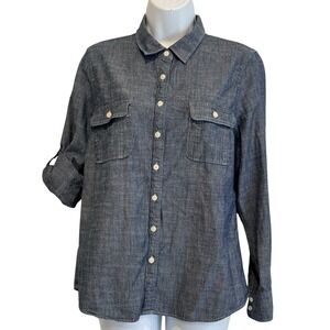 J Crew Women Shirt L Petite Chambray Blue Button Roll Tab Sleeve Utility Cotton